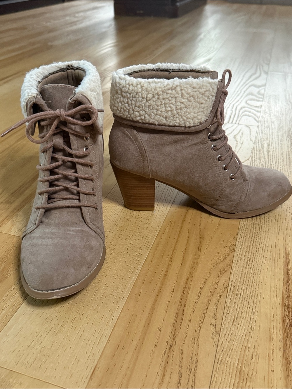 Wet Seal Taupe Lace-Up Sherpa Cuff Block Heel Boots